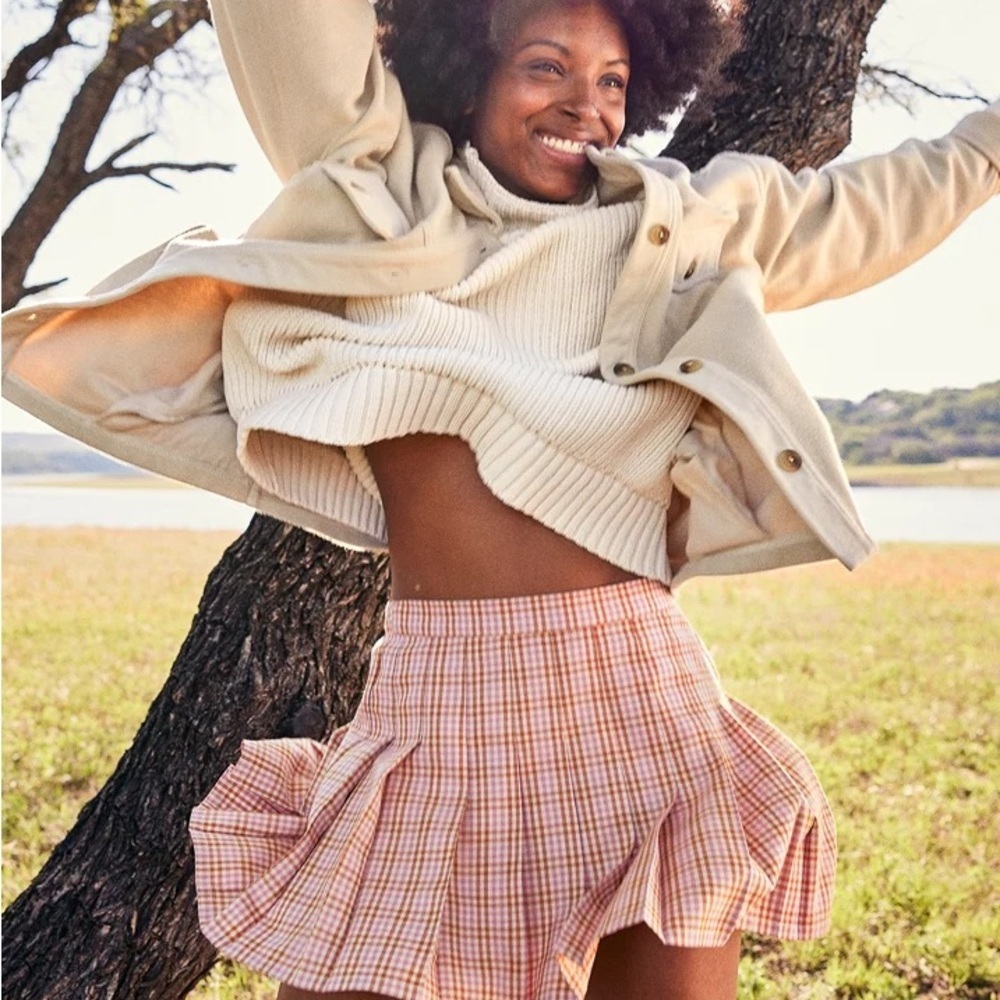 Plaid Pleated Mini Skirt in Pink Brown & white Size S